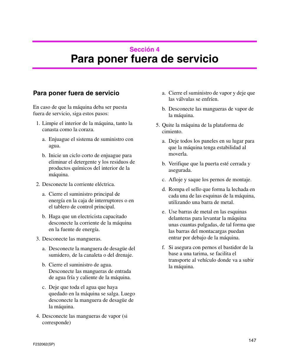 Para poner fuera de servicio | Alliance Laundry Systems HC35 User Manual | Page 149 / 150