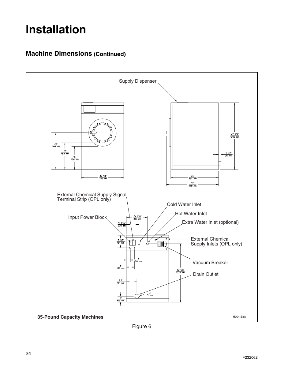 Installation, Machine dimensions | Alliance Laundry Systems HC35 User Manual | Page 26 / 150