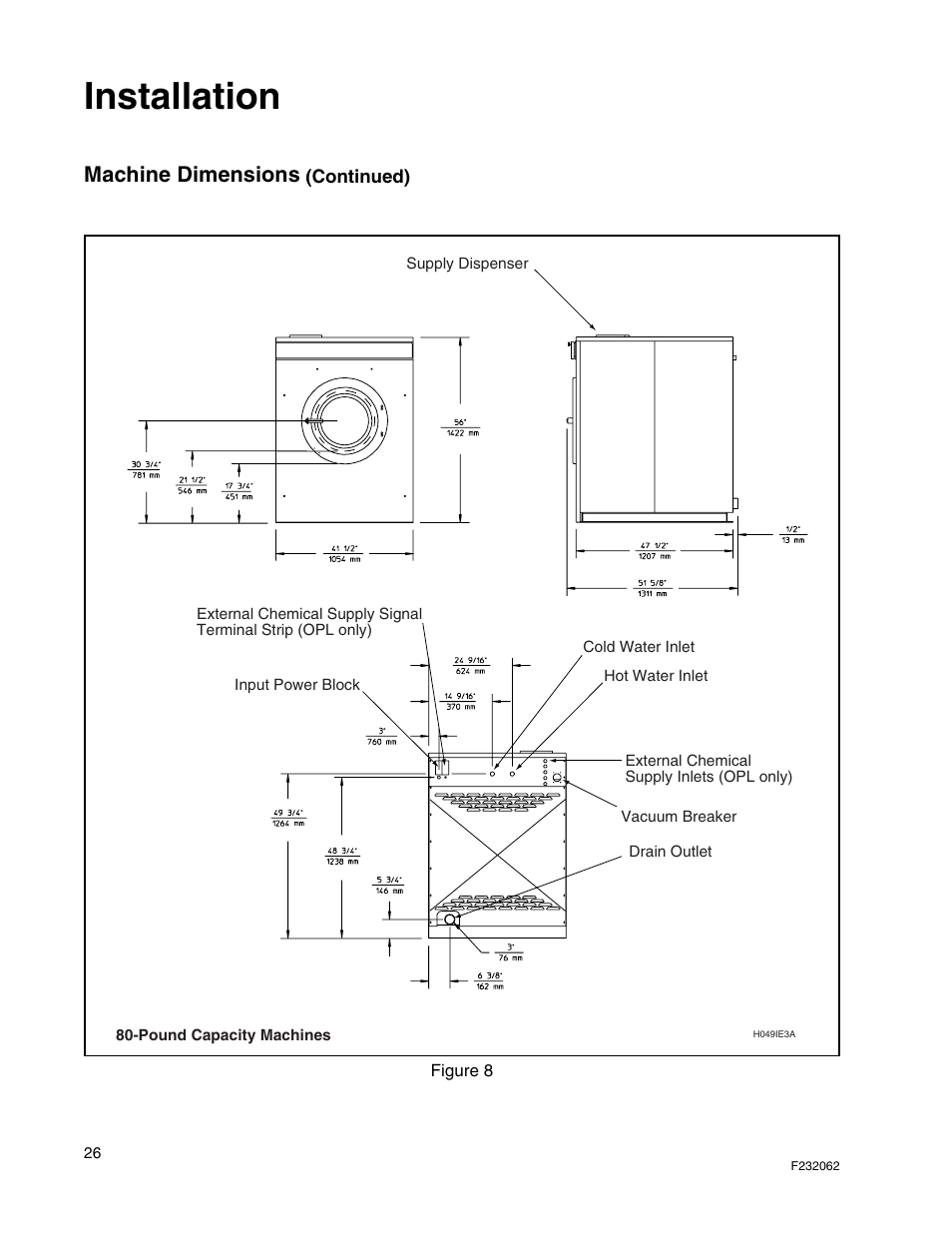 Installation, Machine dimensions | Alliance Laundry Systems HC35 User Manual | Page 28 / 150