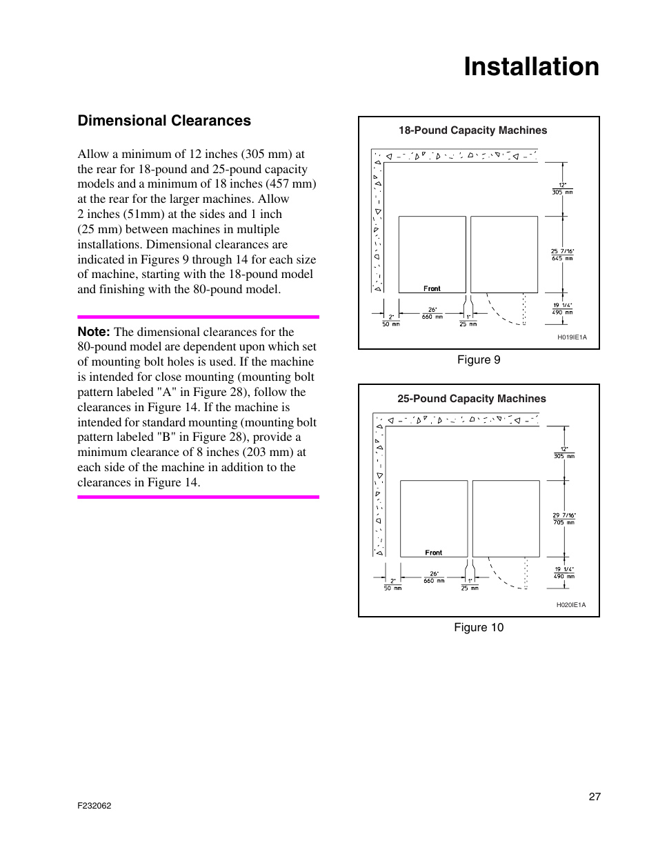 Installation, Dimensional clearances | Alliance Laundry Systems HC35 User Manual | Page 29 / 150