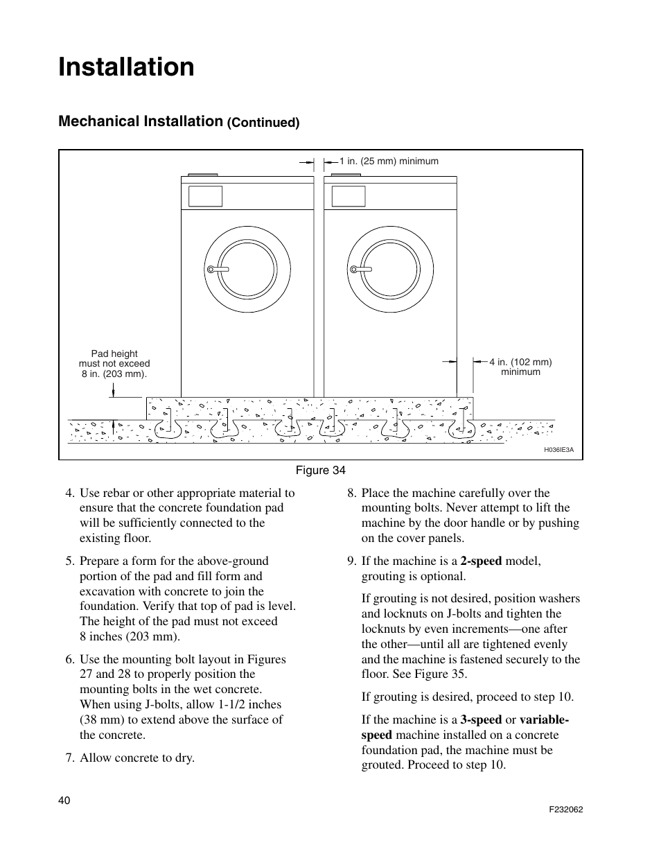 Installation, Mechanical installation | Alliance Laundry Systems HC35 User Manual | Page 42 / 150