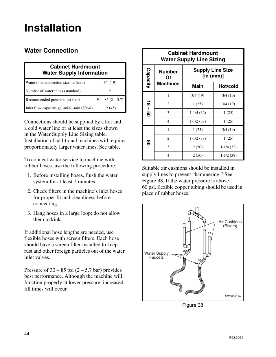 Installation, Water connection | Alliance Laundry Systems HC35 User Manual | Page 46 / 150