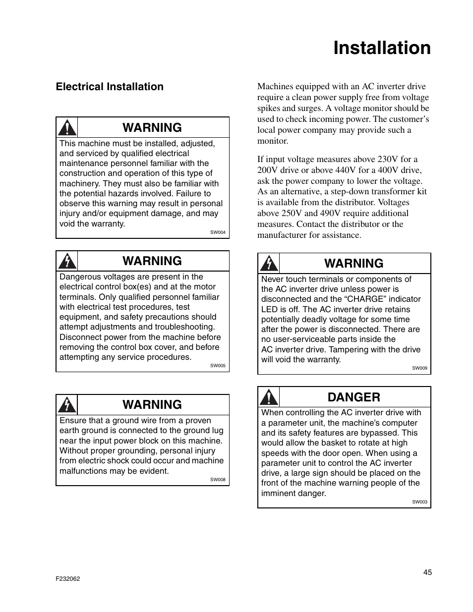 Installation, Warning, Danger | Alliance Laundry Systems HC35 User Manual | Page 47 / 150