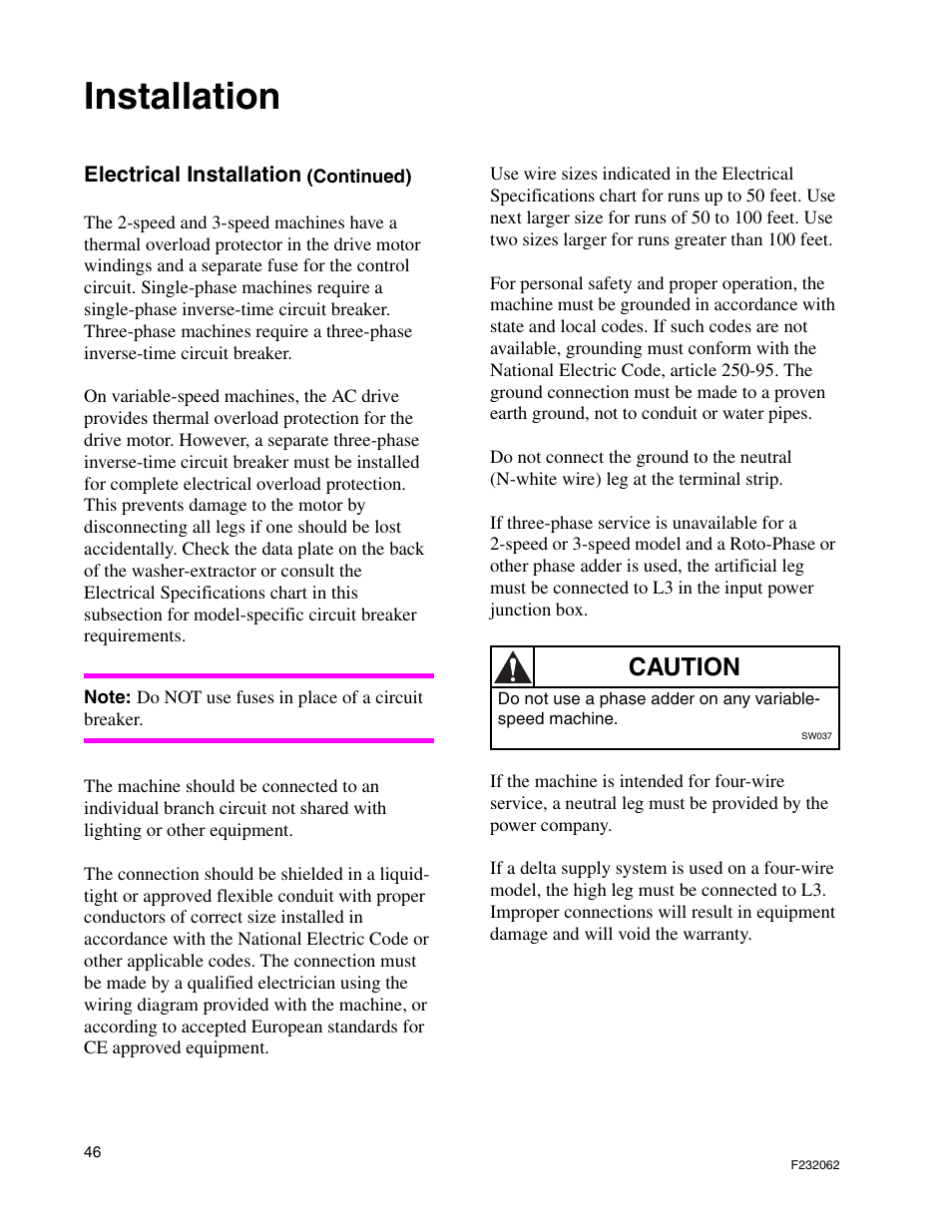 Installation, Caution | Alliance Laundry Systems HC35 User Manual | Page 48 / 150