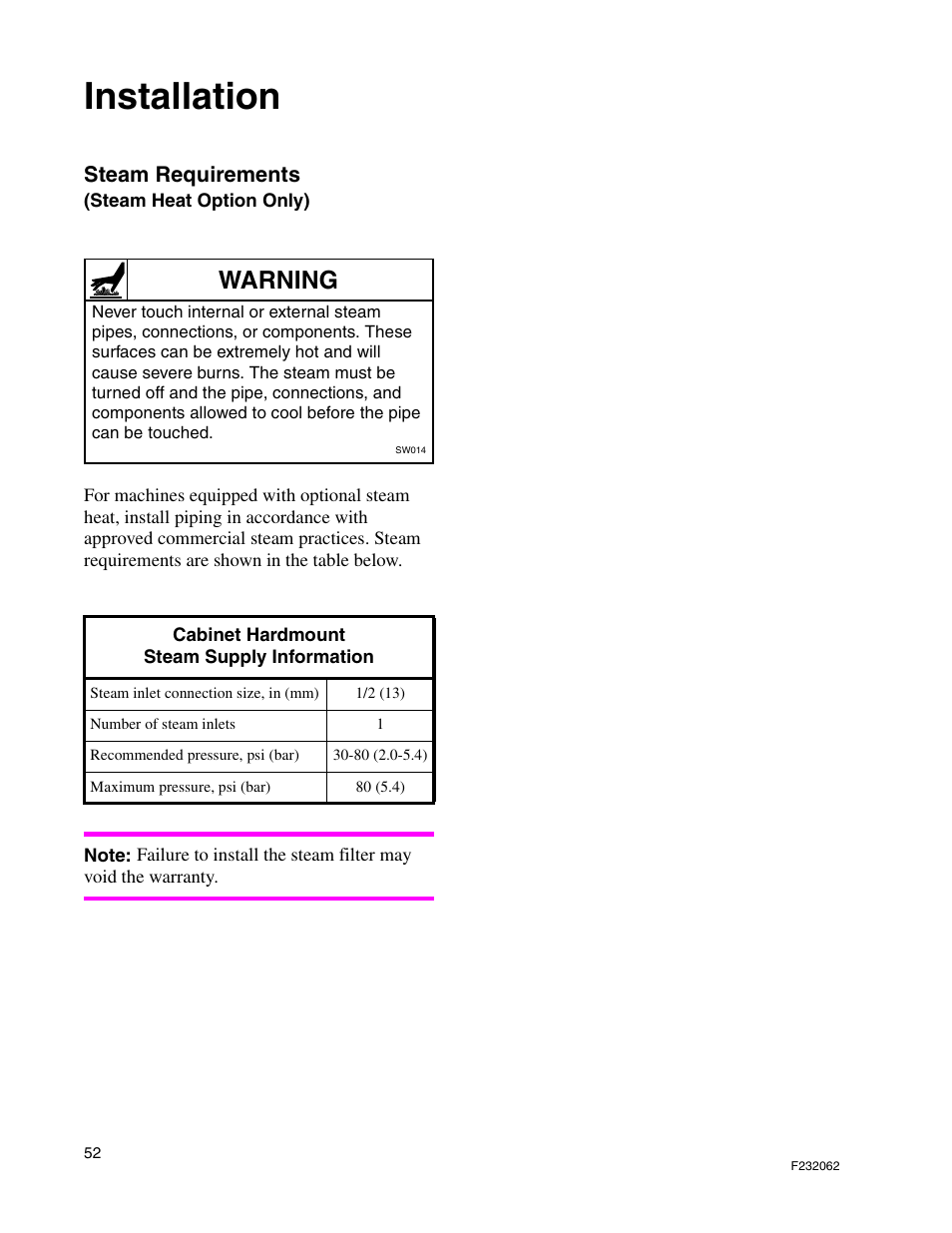 Installation, Warning, Steam requirements | Alliance Laundry Systems HC35 User Manual | Page 54 / 150