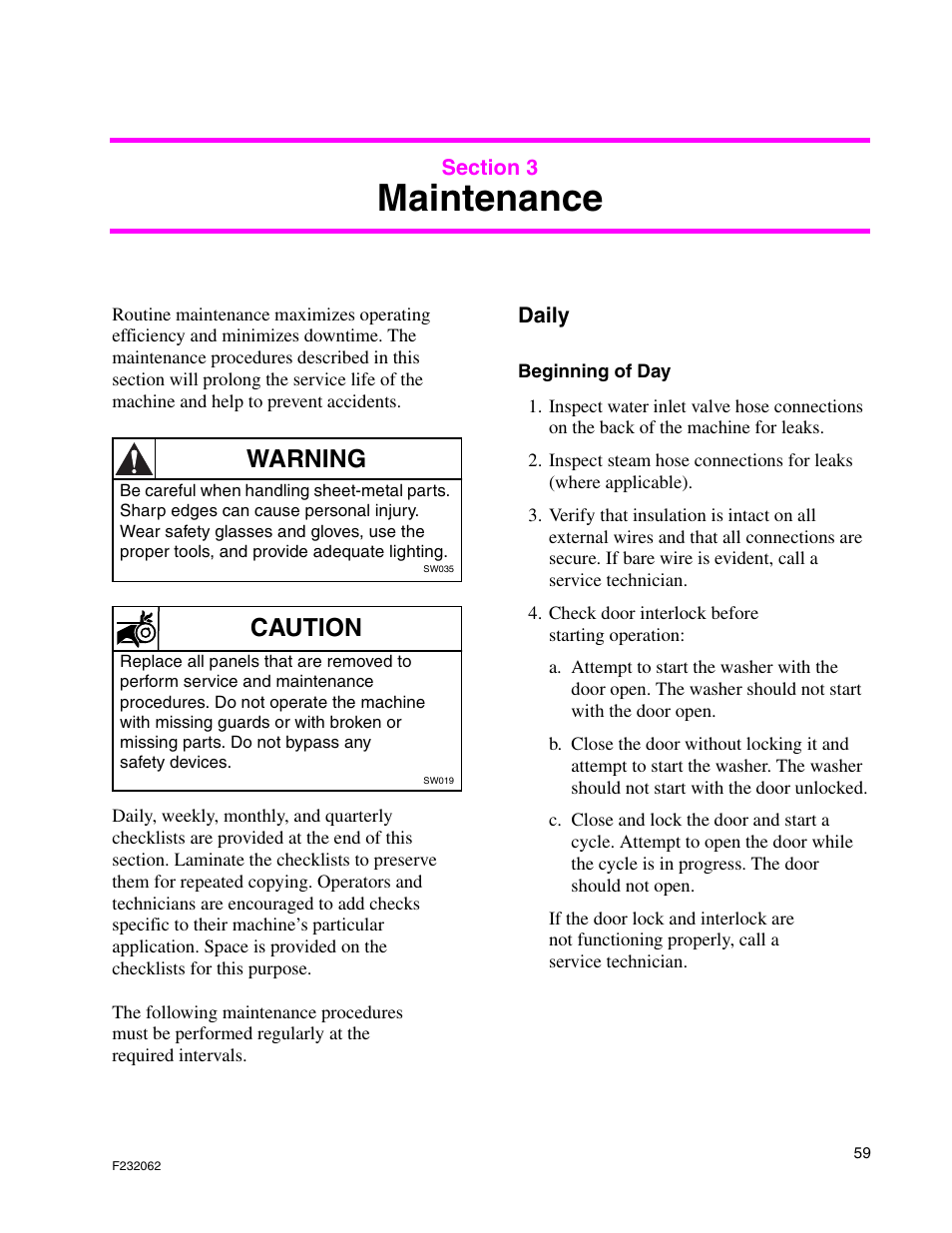 Maintenance, Warning, Caution | Alliance Laundry Systems HC35 User Manual | Page 61 / 150