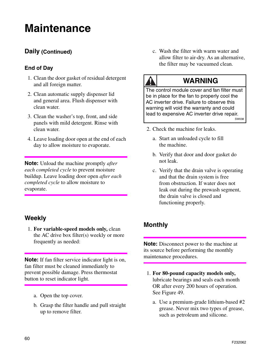 Maintenance, Warning | Alliance Laundry Systems HC35 User Manual | Page 62 / 150