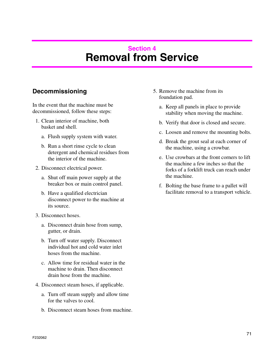Removal from service | Alliance Laundry Systems HC35 User Manual | Page 73 / 150