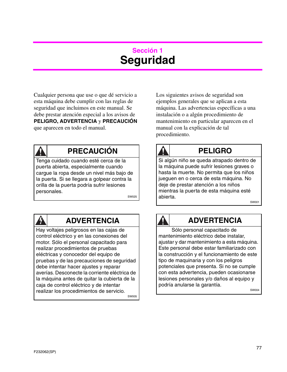 Seguridad, Precaución, Advertencia | Peligro | Alliance Laundry Systems HC35 User Manual | Page 79 / 150