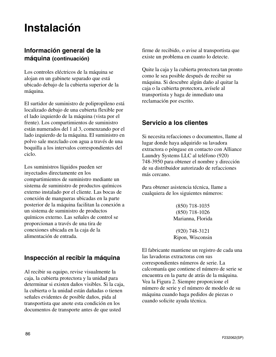Instalación | Alliance Laundry Systems HC35 User Manual | Page 88 / 150