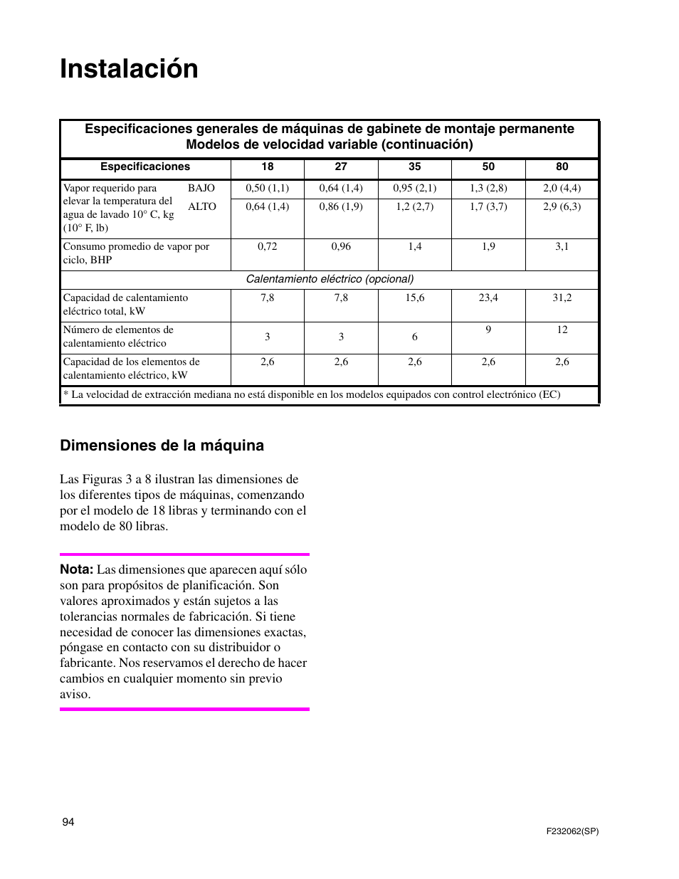 Instalación, Dimensiones de la máquina | Alliance Laundry Systems HC35 User Manual | Page 96 / 150