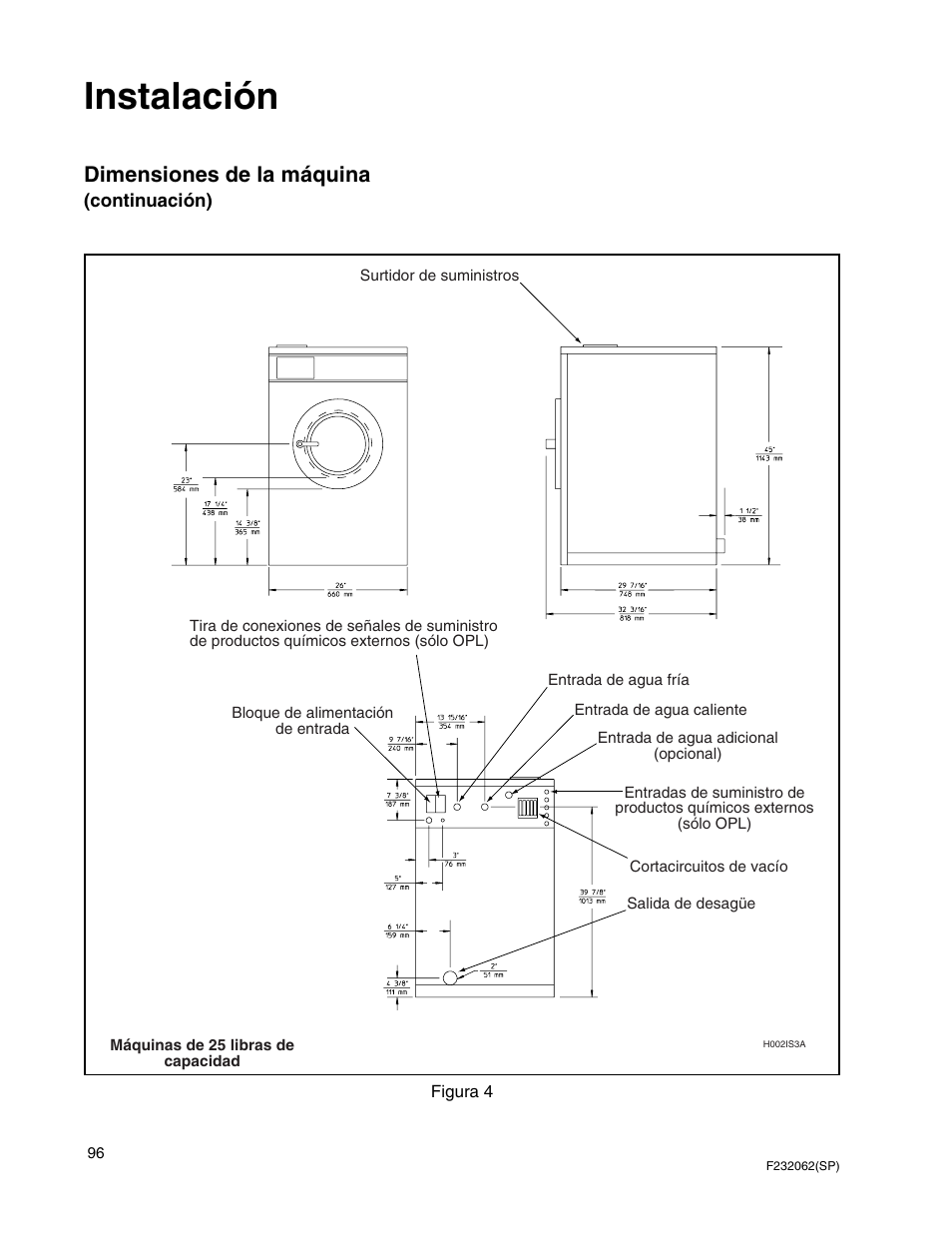 Instalación, Dimensiones de la máquina | Alliance Laundry Systems HC35 User Manual | Page 98 / 150