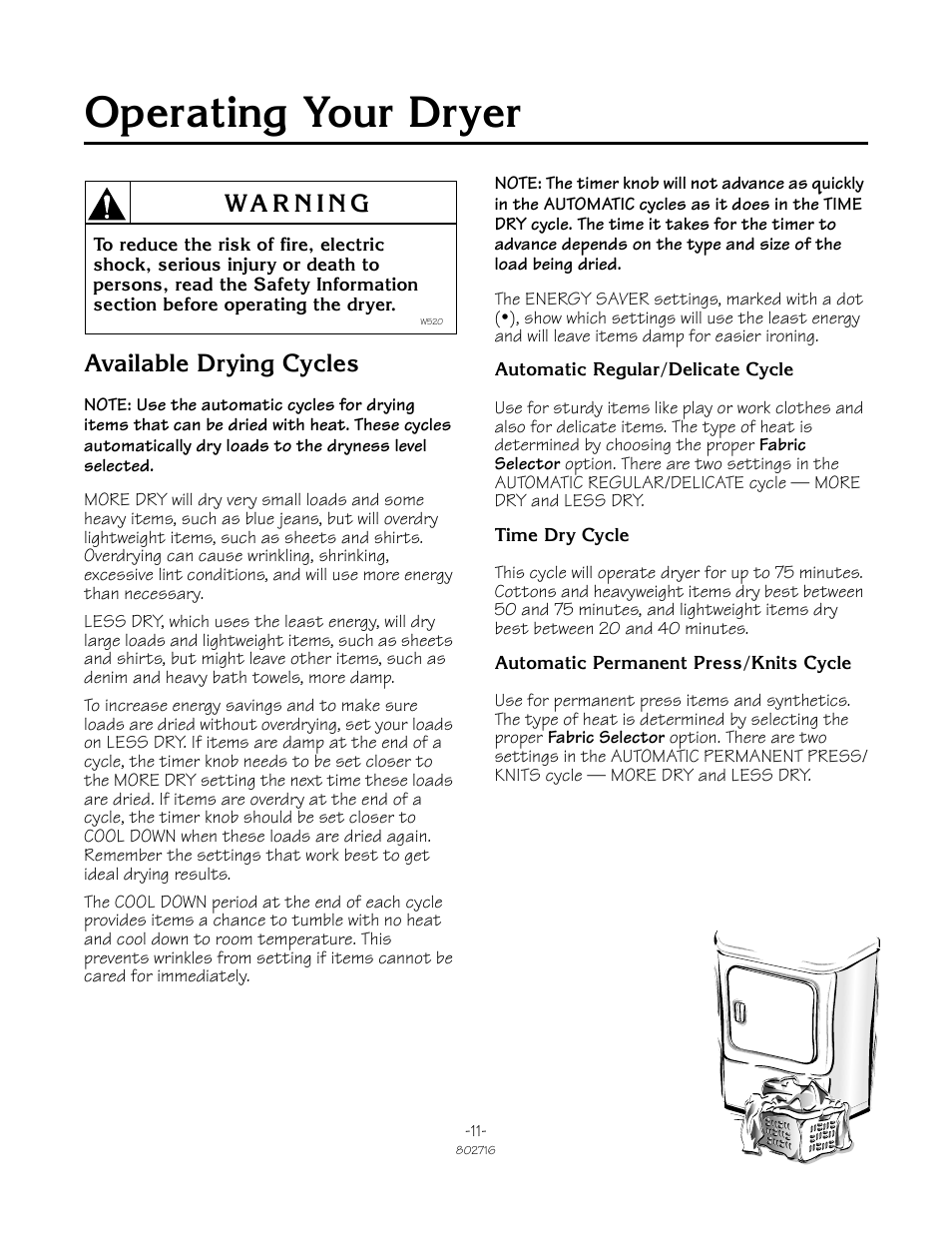 Operating your dryer, Available drying cycles | Alliance Laundry Systems TLW2011N User Manual | Page 11 / 18