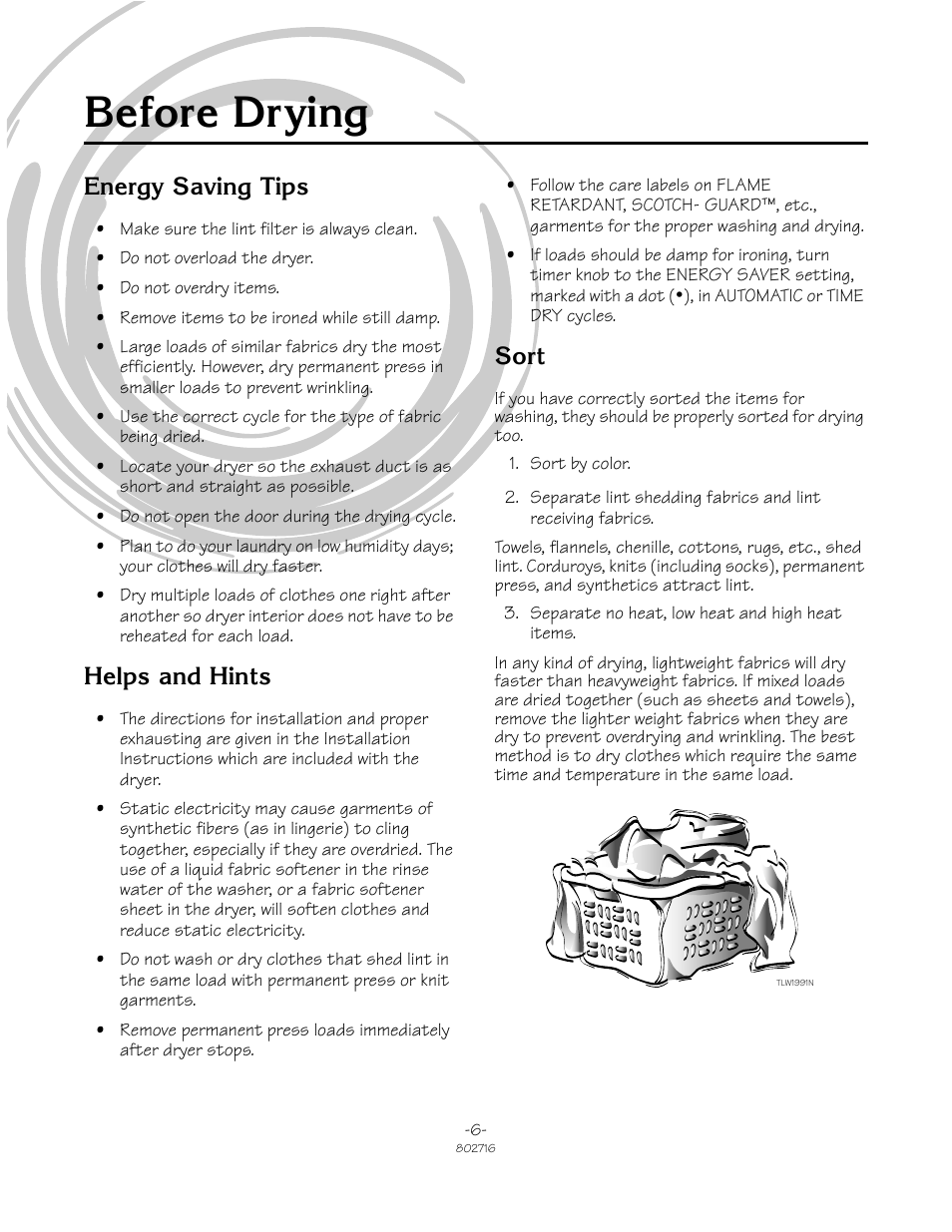 Before drying, Energy saving tips, Helps and hints | Sort | Alliance Laundry Systems TLW2011N User Manual | Page 6 / 18