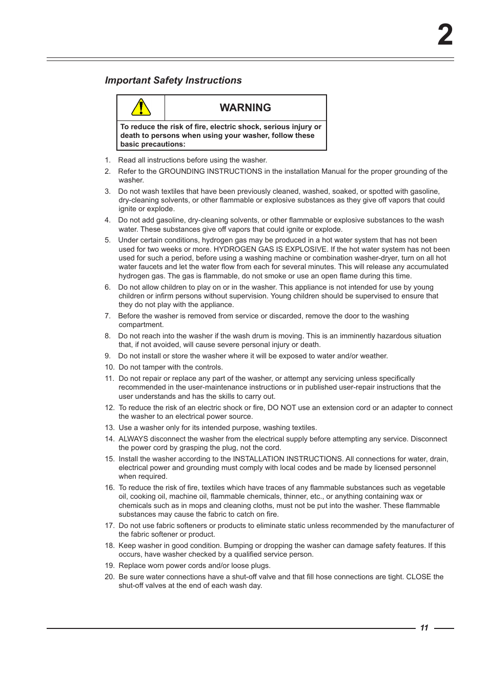 Warning, Important safety instructions | Alliance Laundry Systems WF150 User Manual | Page 11 / 52