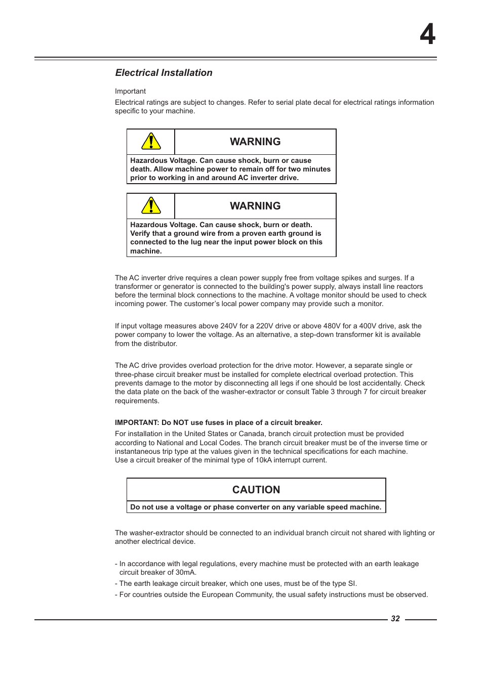 Warning, Caution | Alliance Laundry Systems WF150 User Manual | Page 32 / 52