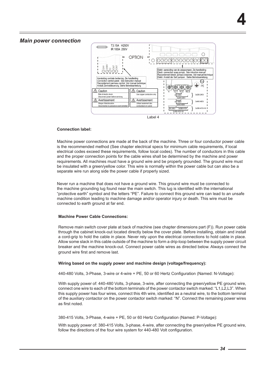 Main power connection | Alliance Laundry Systems WF150 User Manual | Page 34 / 52