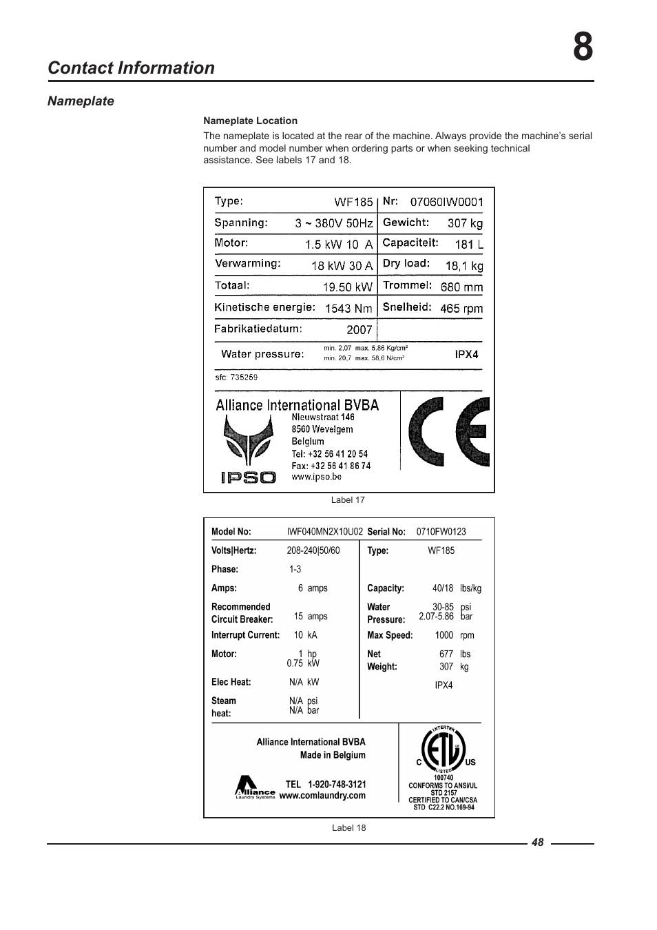 Contact information | Alliance Laundry Systems WF150 User Manual | Page 48 / 52