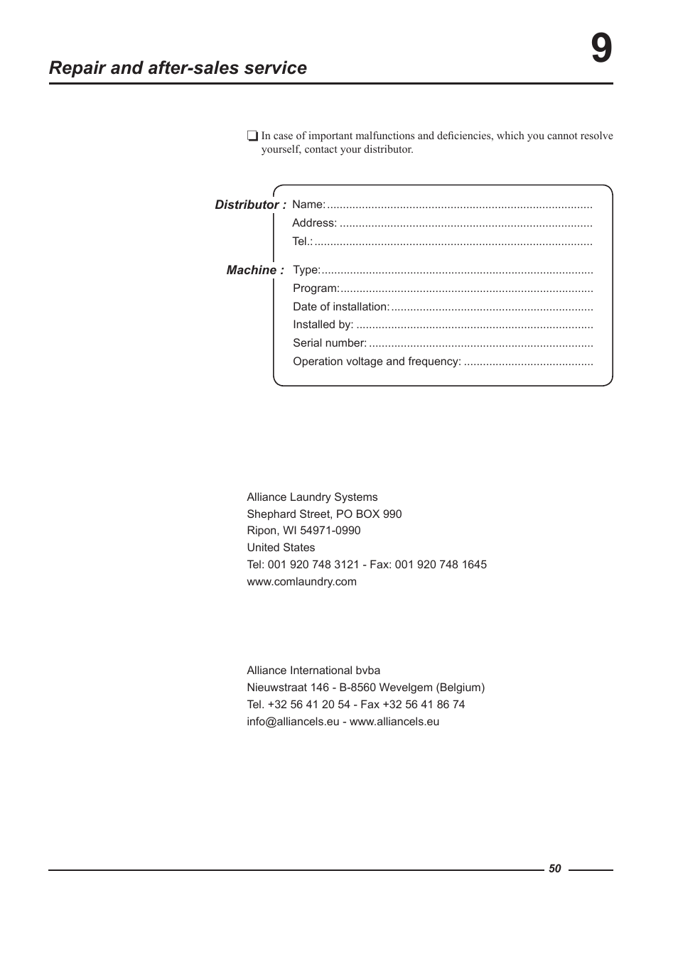 Repair and after-sales service | Alliance Laundry Systems WF150 User Manual | Page 50 / 52