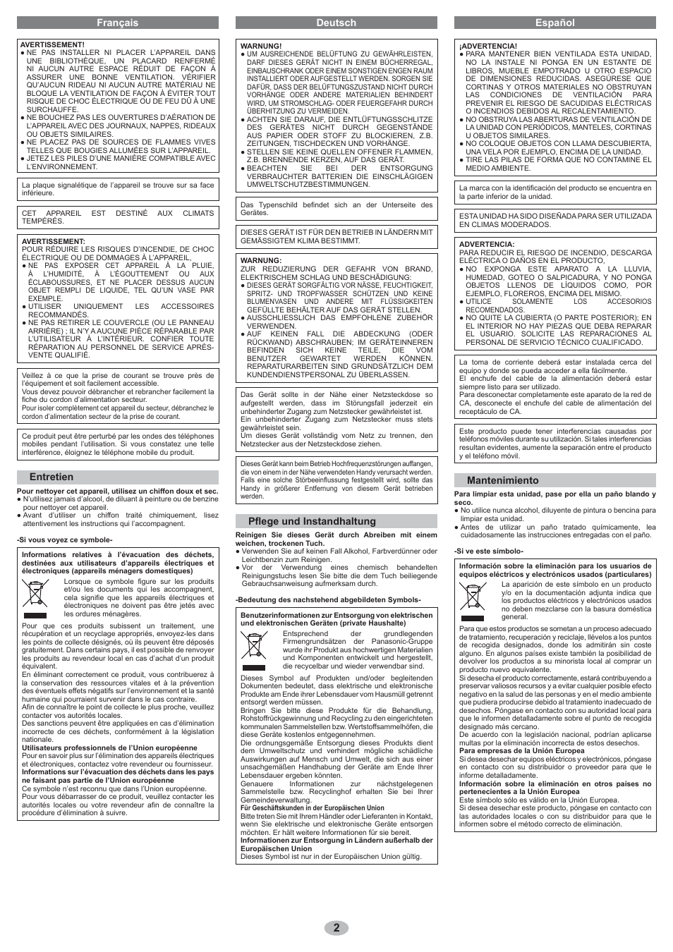 Deutsch español français, Pflege und instandhaltung, Mantenimiento | Entretien | Panasonic RPSPF01 User Manual | Page 2 / 6