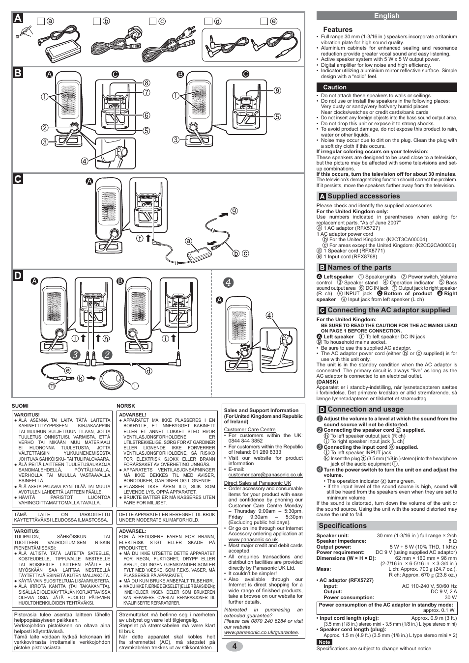 English, English features, Supplied accessories | Names of the parts, Connecting the ac adaptor supplied, Connection and usage, Specifications | Panasonic RPSPF01 User Manual | Page 4 / 6