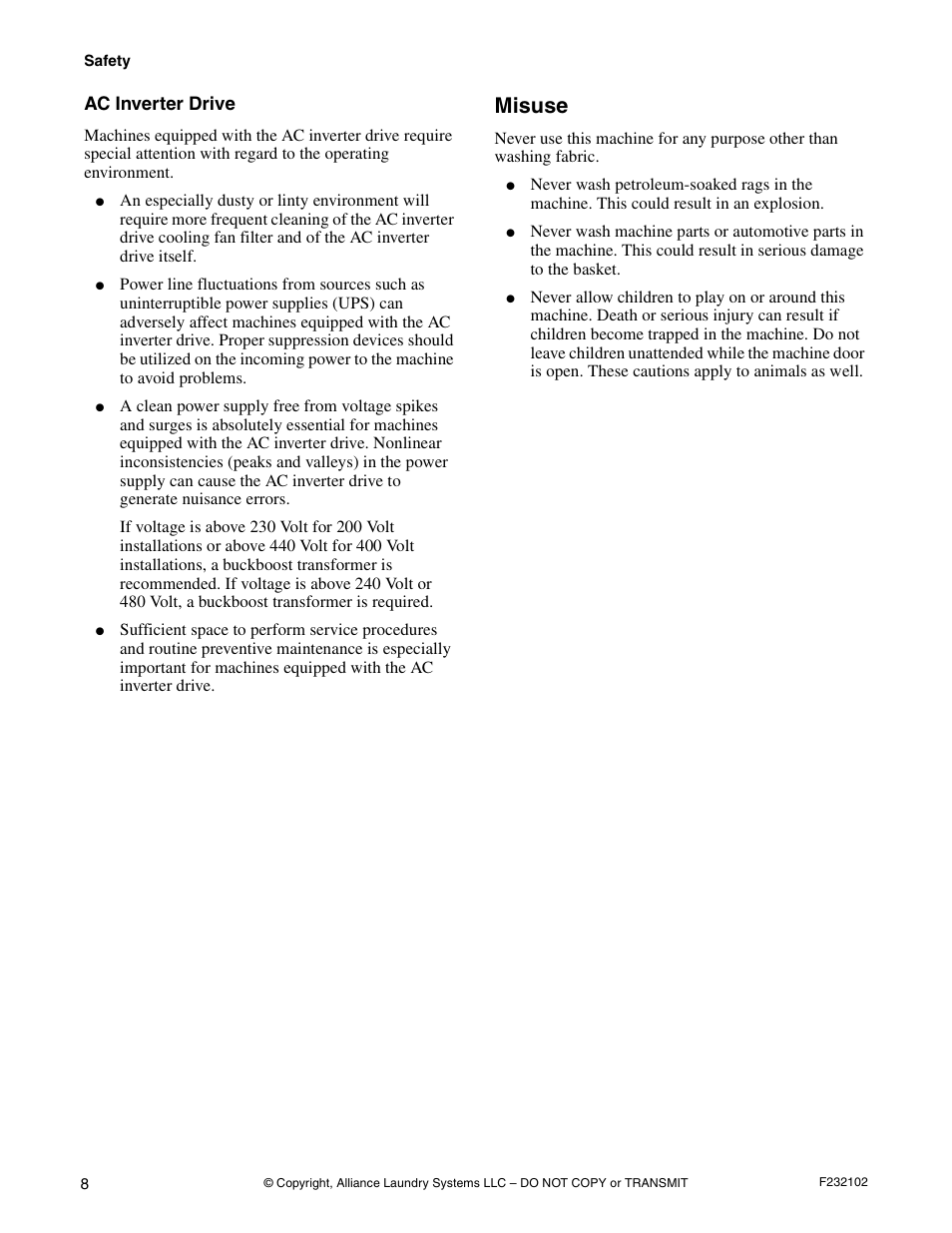 Misuse, Ac inverter drive | Alliance Laundry Systems UF250PV Tilt User Manual | Page 10 / 100