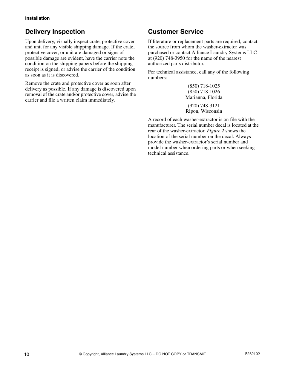 Delivery inspection, Customer service | Alliance Laundry Systems UF250PV Tilt User Manual | Page 12 / 100