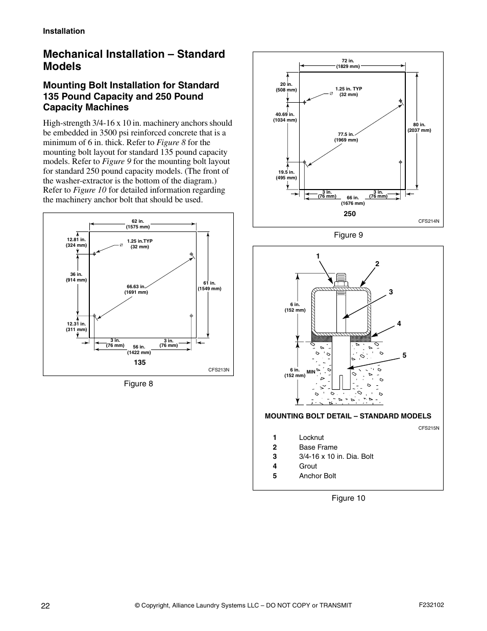 Mechanical installation – standard models, Installation, Figure 8 figure 9 figure 10 | Alliance Laundry Systems UF250PV Tilt User Manual | Page 24 / 100