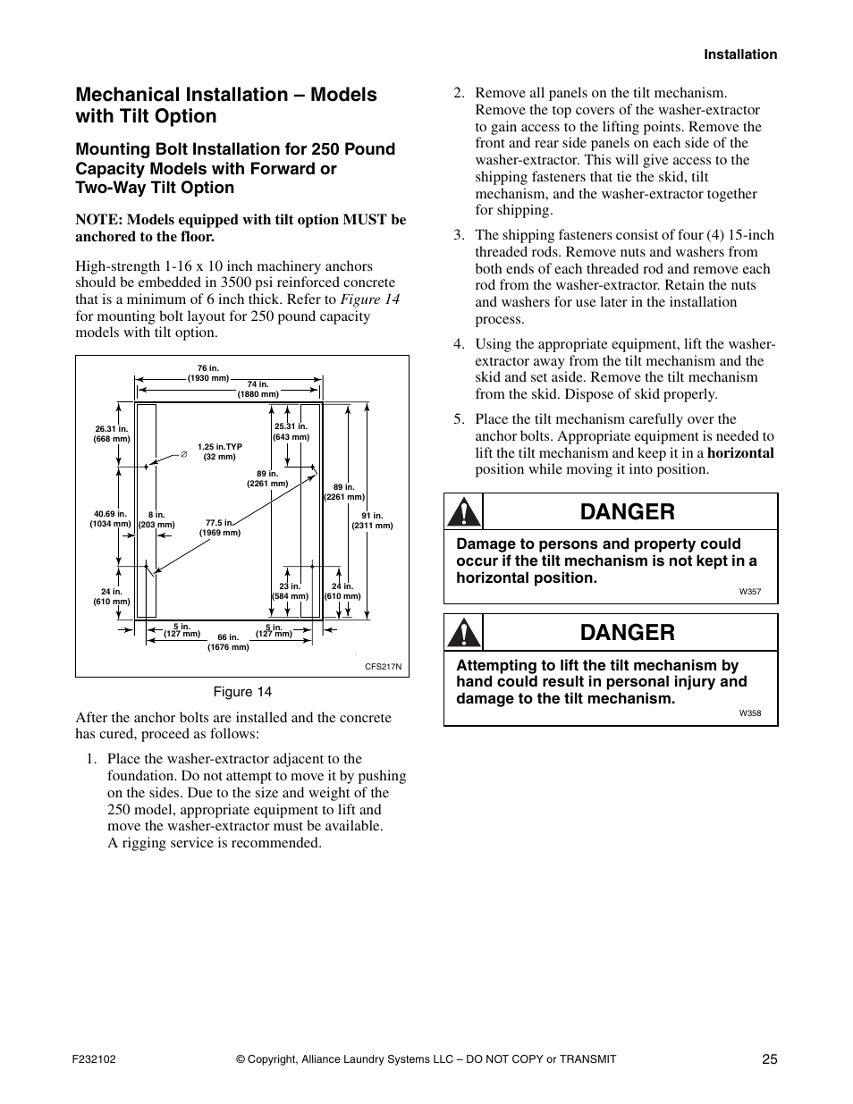 Danger, Mechanical installation – models with tilt option | Alliance Laundry Systems UF250PV Tilt User Manual | Page 27 / 100