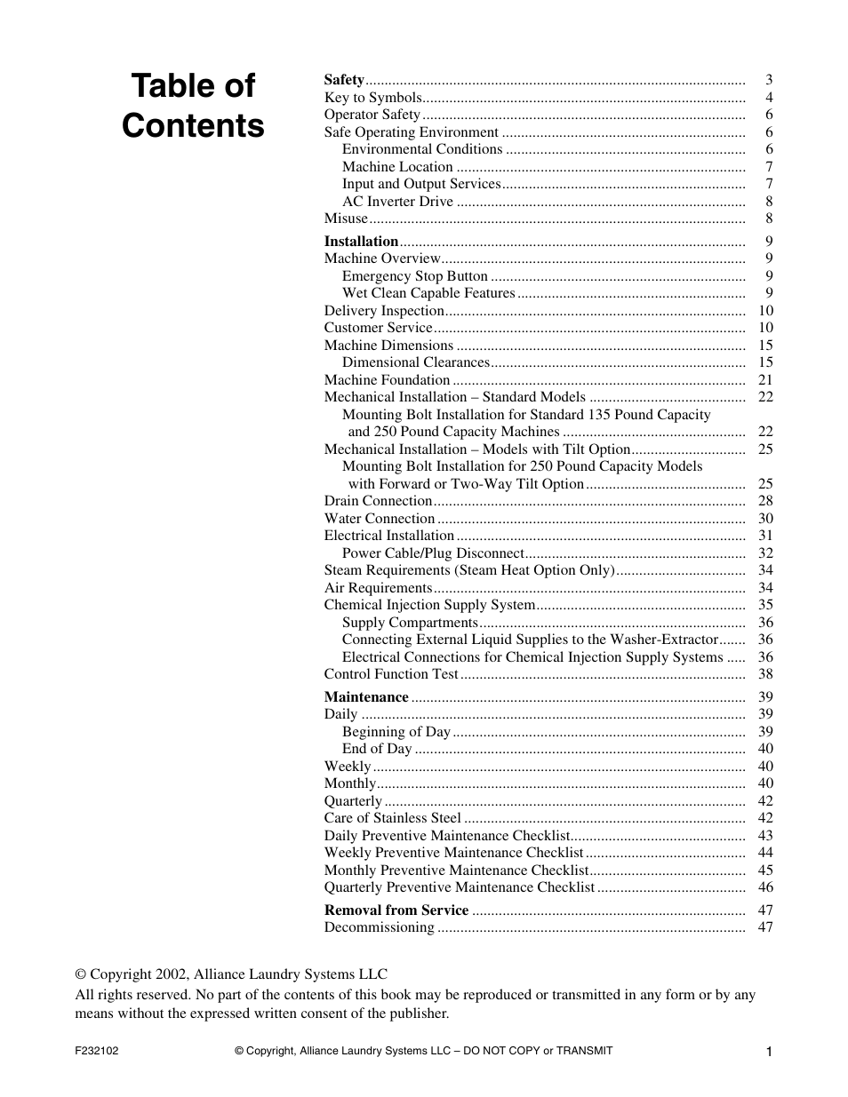 Alliance Laundry Systems UF250PV Tilt User Manual | Page 3 / 100