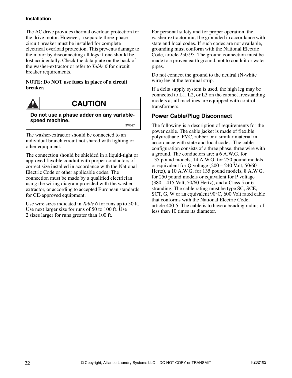 Caution | Alliance Laundry Systems UF250PV Tilt User Manual | Page 34 / 100