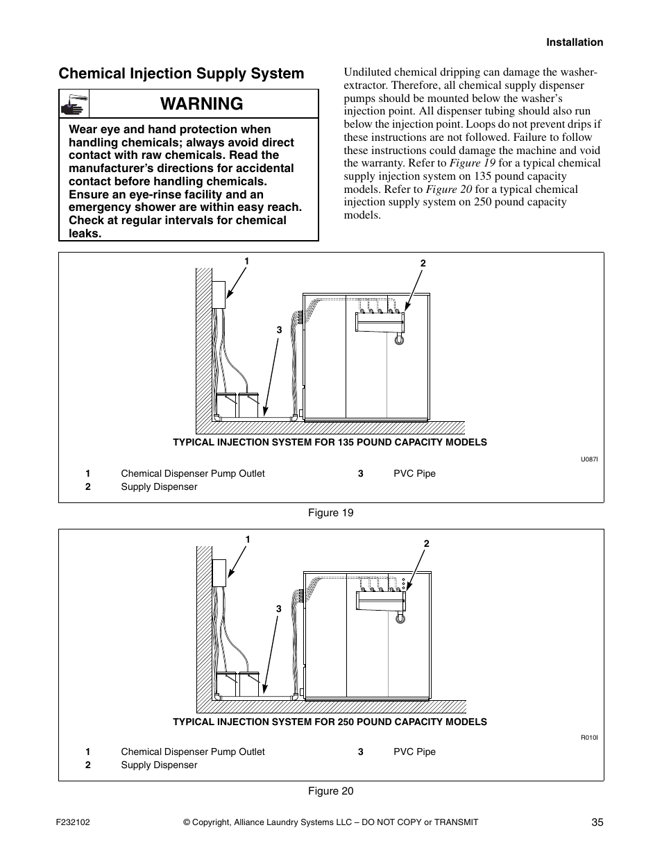 Warning, Chemical injection supply system | Alliance Laundry Systems UF250PV Tilt User Manual | Page 37 / 100