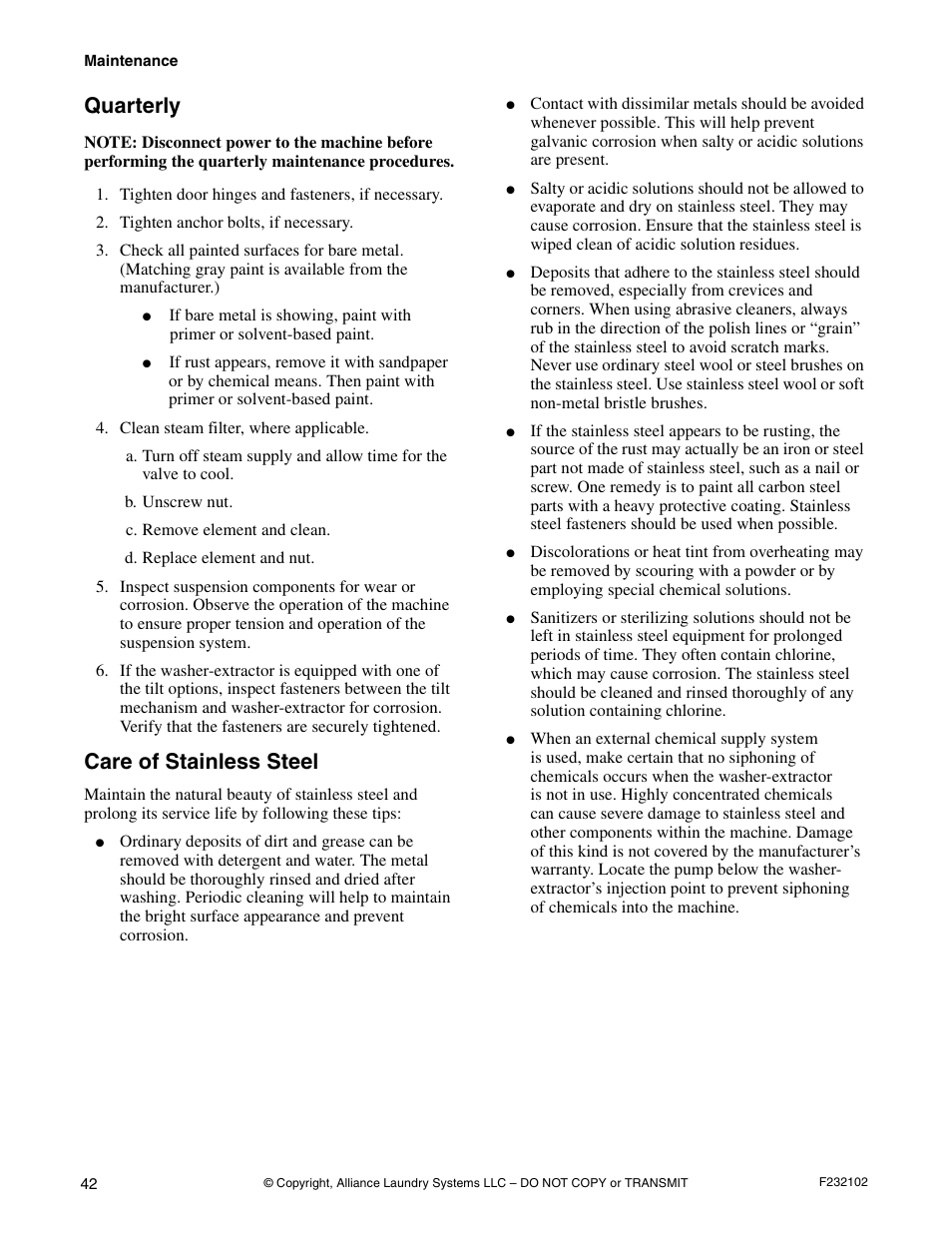 Quarterly, Care of stainless steel | Alliance Laundry Systems UF250PV Tilt User Manual | Page 44 / 100