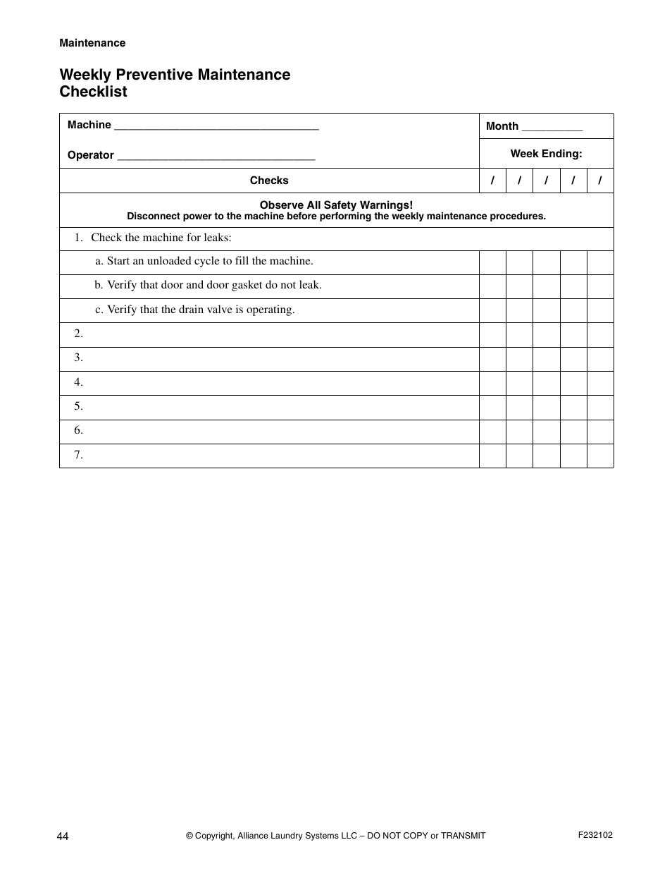 Weekly preventive maintenance checklist | Alliance Laundry Systems UF250PV Tilt User Manual | Page 46 / 100