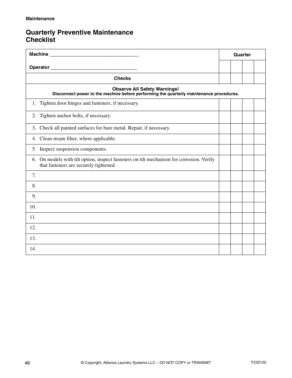 Quarterly preventive maintenance checklist | Alliance Laundry Systems UF250PV Tilt User Manual | Page 48 / 100