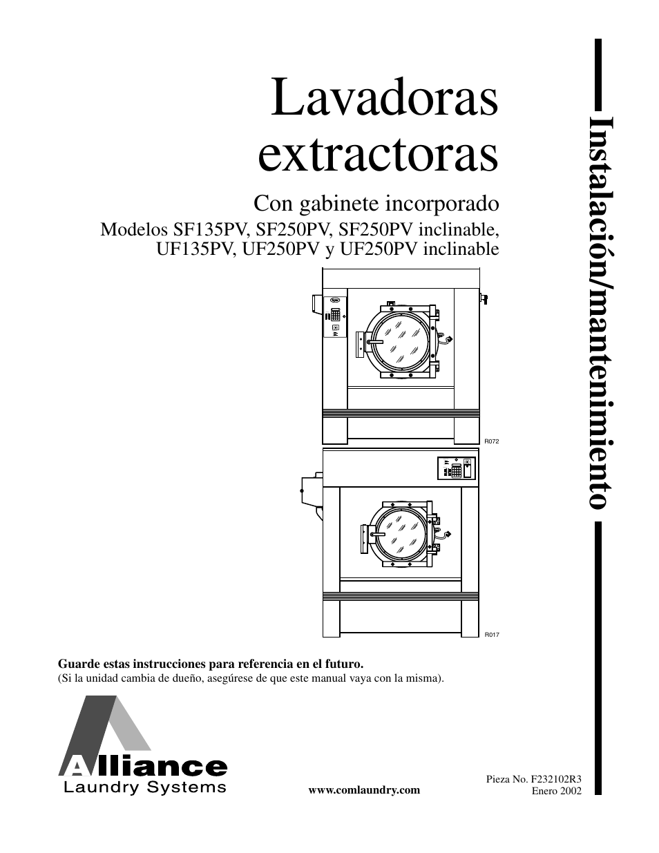 Lavadoras extractoras, Instalaci ó n/mantenimiento, Con gabinete incorporado | Alliance Laundry Systems UF250PV Tilt User Manual | Page 51 / 100