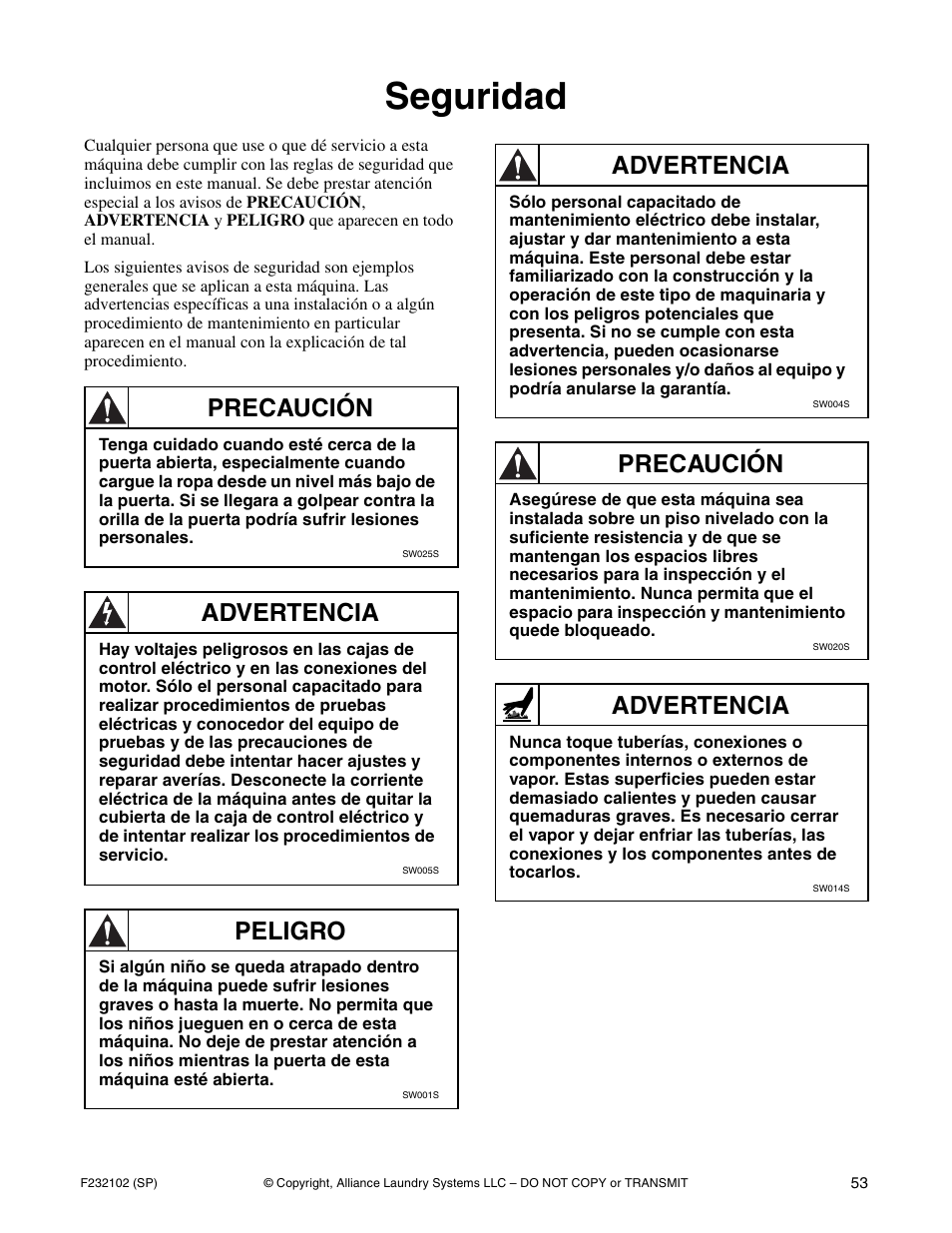 Seguridad, Precaución, Advertencia | Peligro | Alliance Laundry Systems UF250PV Tilt User Manual | Page 55 / 100