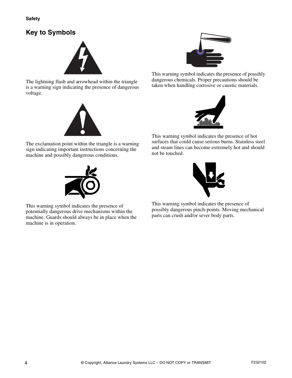 Key to symbols | Alliance Laundry Systems UF250PV Tilt User Manual | Page 6 / 100