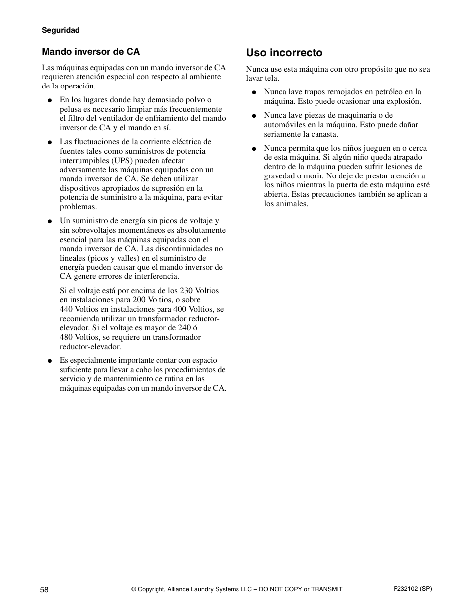 Uso incorrecto, Mando inversor de ca | Alliance Laundry Systems UF250PV Tilt User Manual | Page 60 / 100