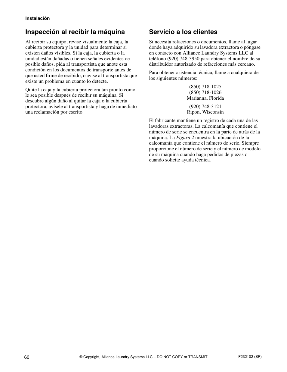 Inspección al recibir la máquina, Servicio a los clientes | Alliance Laundry Systems UF250PV Tilt User Manual | Page 62 / 100