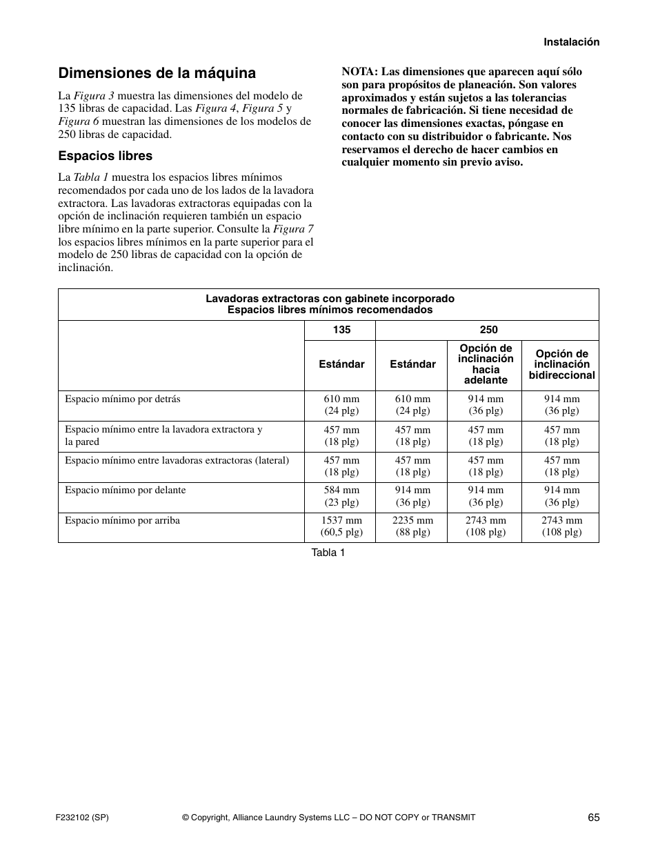 Dimensiones de la máquina | Alliance Laundry Systems UF250PV Tilt User Manual | Page 67 / 100