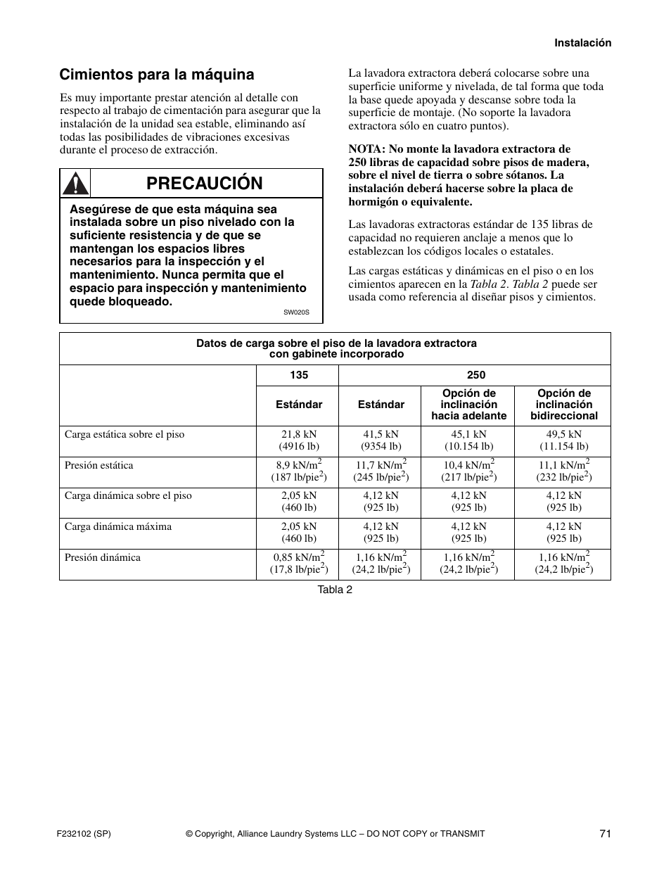 Precaución, Cimientos para la máquina | Alliance Laundry Systems UF250PV Tilt User Manual | Page 73 / 100