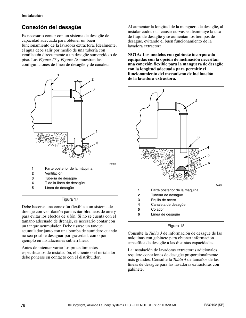 Conexión del desagüe | Alliance Laundry Systems UF250PV Tilt User Manual | Page 80 / 100