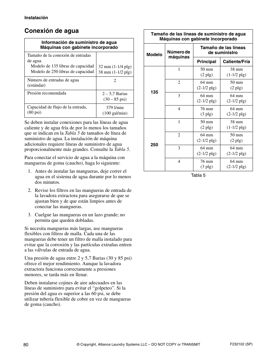 Conexión de agua | Alliance Laundry Systems UF250PV Tilt User Manual | Page 82 / 100