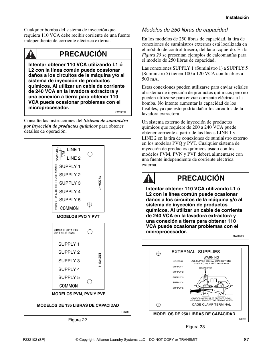 Precaución, Modelos de 250 libras de capacidad | Alliance Laundry Systems UF250PV Tilt User Manual | Page 89 / 100