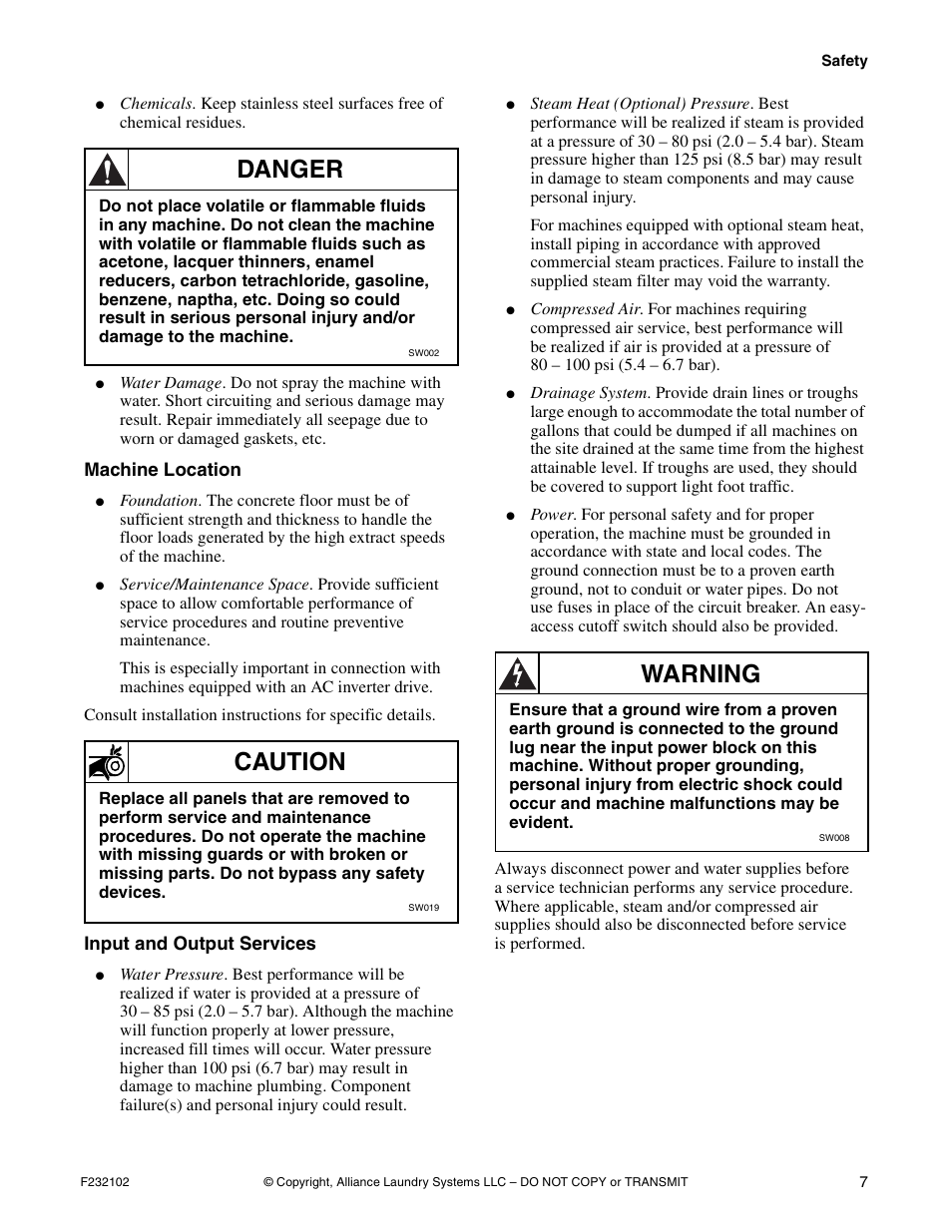 Danger, Caution, Warning | Alliance Laundry Systems UF250PV Tilt User Manual | Page 9 / 100