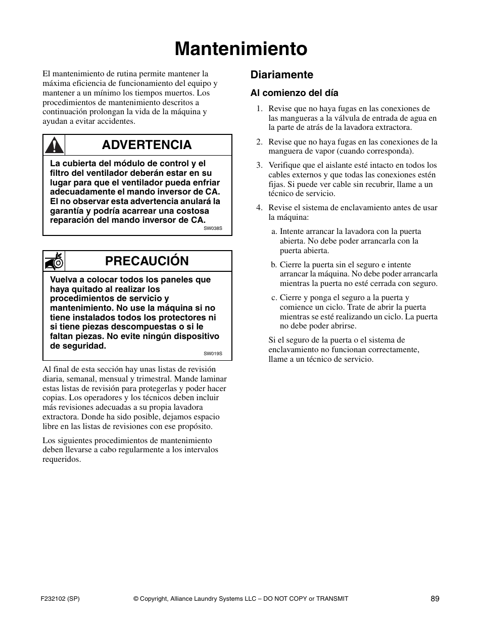 Mantenimiento, Advertencia, Precaución | Diariamente | Alliance Laundry Systems UF250PV Tilt User Manual | Page 91 / 100