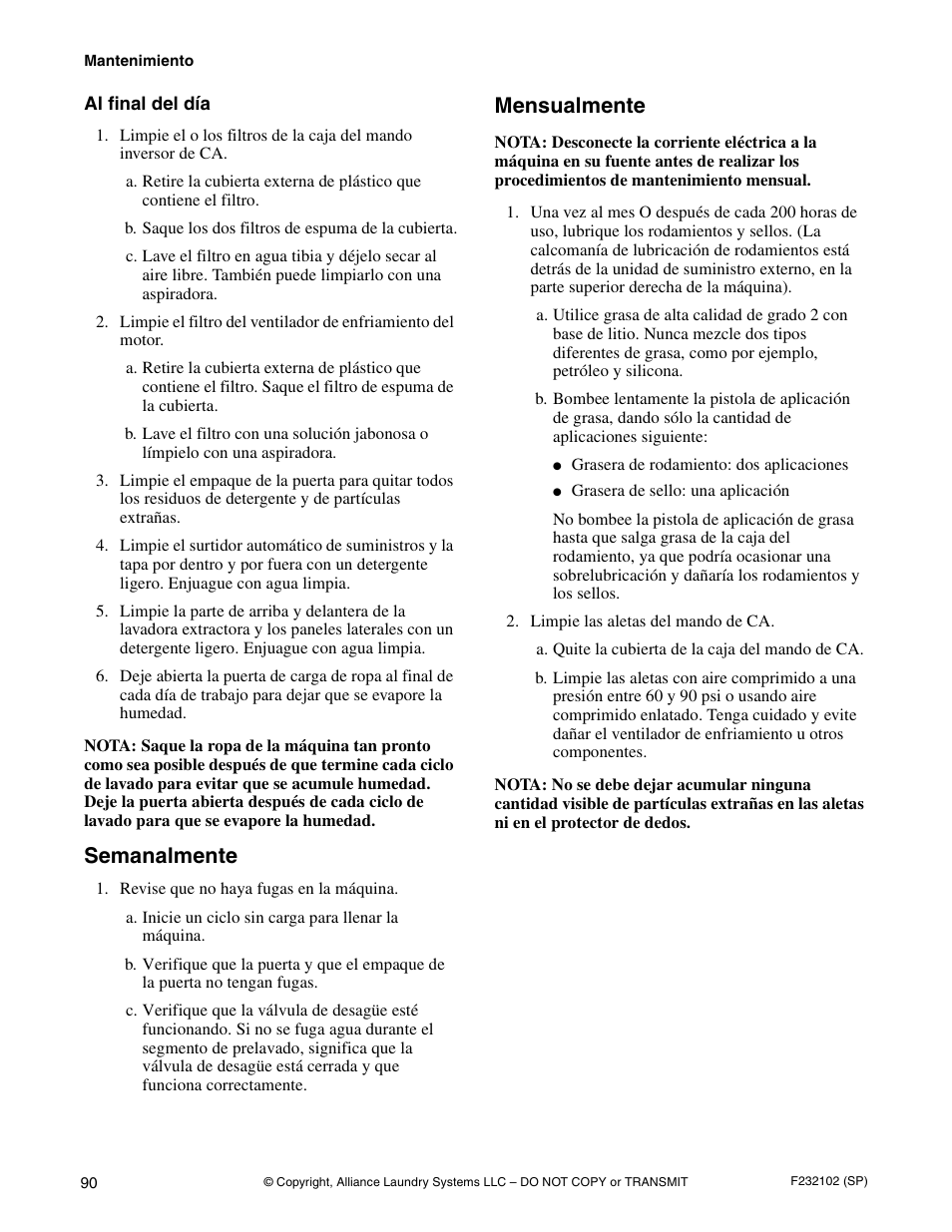 Semanalmente, Mensualmente | Alliance Laundry Systems UF250PV Tilt User Manual | Page 92 / 100