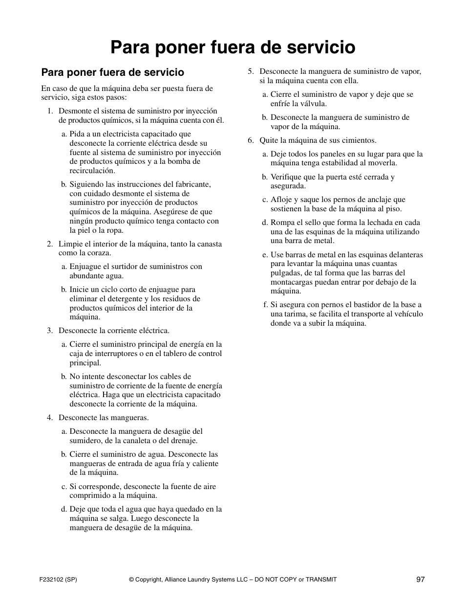 Para poner fuera de servicio | Alliance Laundry Systems UF250PV Tilt User Manual | Page 99 / 100