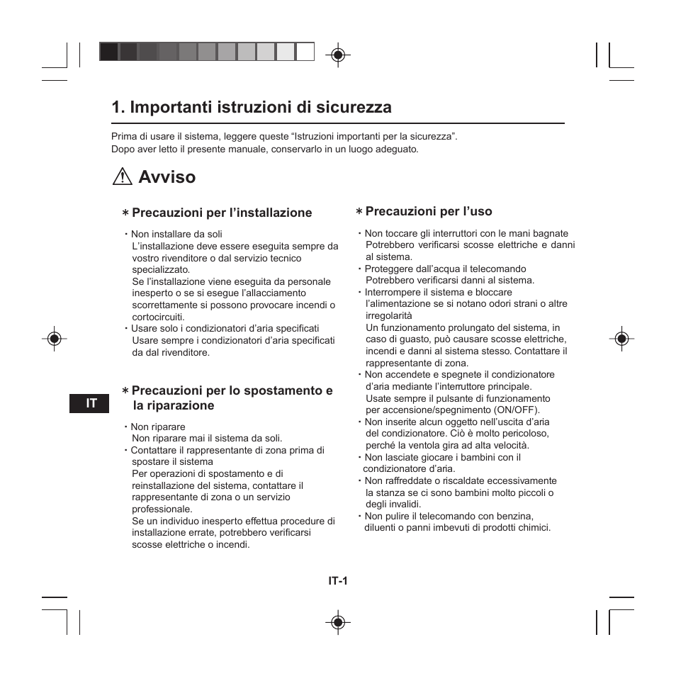 Avviso, Importanti istruzioni di sicurezza | Panasonic CZRE2C2 User Manual | Page 18 / 48